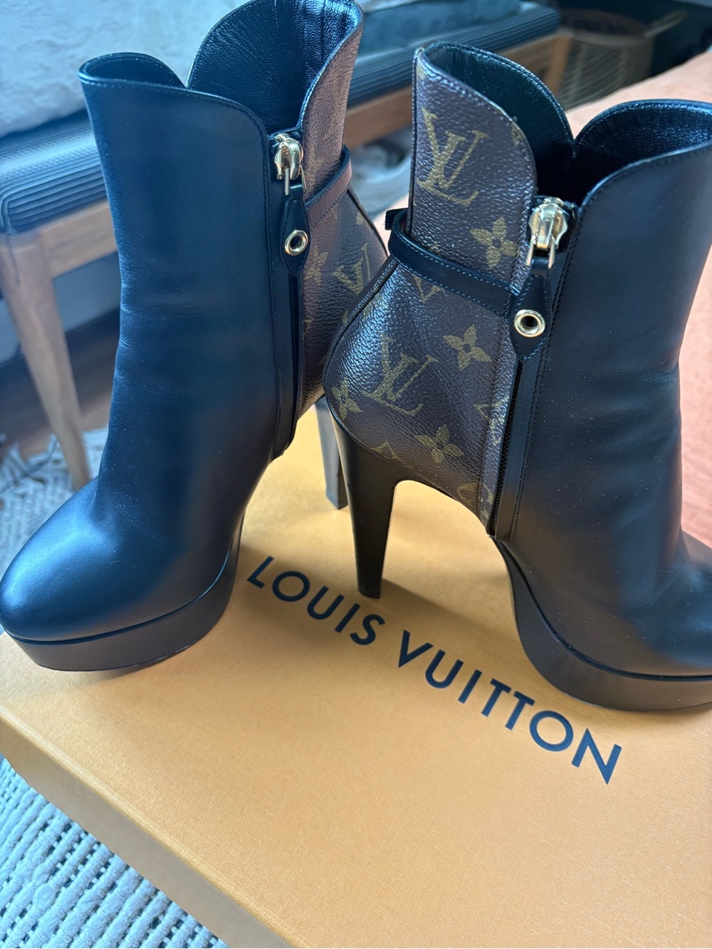 Louis Vuitton Afterglow Platform Ankle Boots Monogram Black Size 38
